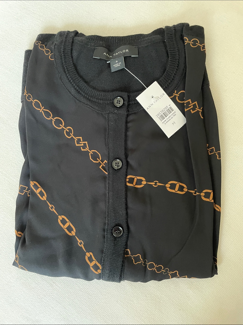 Ann Taylor Black Cardigan With Brown Chain Pattern